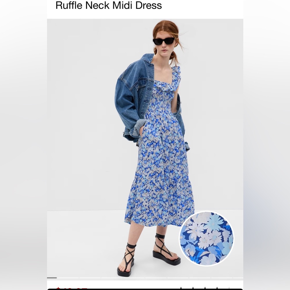 Gap ruffle neck midi dress, new without tags, blue floral dress